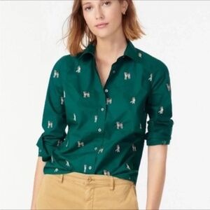 J.Crew Slim Button Down Green Shirt Embroidered Dog Print Long Sleeve 0 Preppy